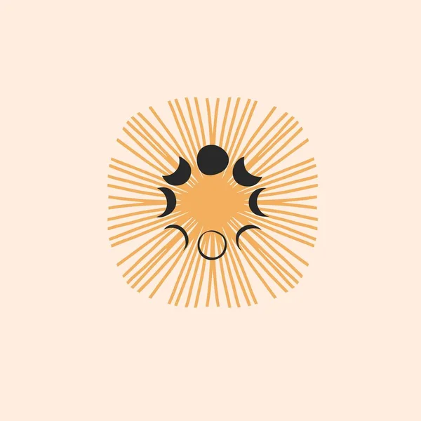 手描きベクトル抽象ストックフラットグラフィックイラストでロゴ要素、ボヘミアン占星術魔法神秘的な黄金の太陽と月相シルエットのミニマルなエンブレム、ブランディングのためのシンプルなスタイル. — ストックベクタ
