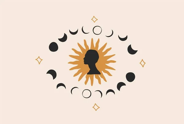 Illustration graphique plate avec élément logo, astrologie bohème art minimaliste magique des phases de lune mystiques silhouettes et soleil en cercle, style simple pour marquer. — Image vectorielle