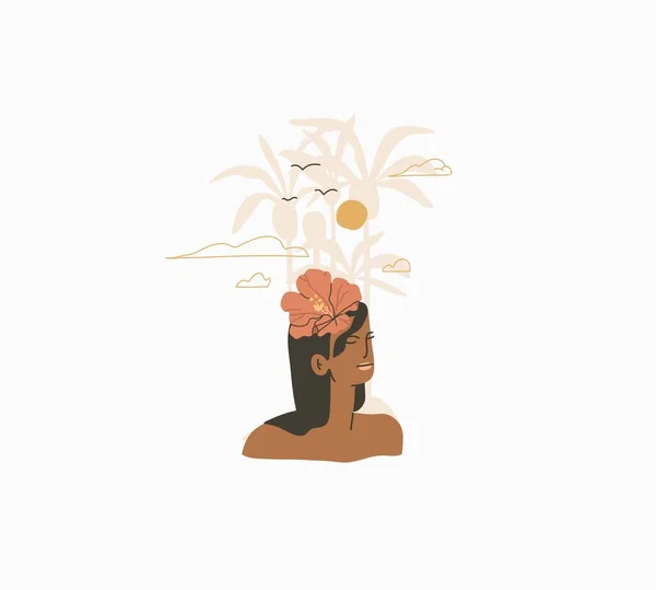 Handgetekende vector abstracte voorraad grafische zomer cartoon, minimalistische stijl illustratie print met Boheemse mooi meisje zwemmen op de tropische palm strand, geïsoleerd op witte achtergrond — Stockvector