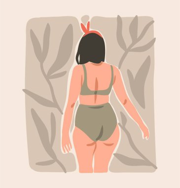 El çizimi vektör soyut düz grafik, çağdaş estetik moda illüstrasyonu, bohem, güzel, modern, büyük beden kadın, basit modaya uygun, pastel arka planda izole edilmiş, minimal tarzda..