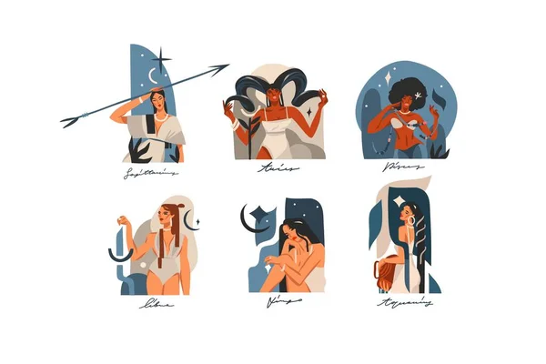 Handritade vektor stock abstrakta grafiska illustrationer med zodiak astrologiska samtida tecken samling set, skönhet magi kvinnliga tecken, clipart boho design isolerad på vit bakgrund — Stock vektor