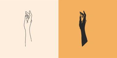 El çizimi vektör soyut düz grafik illüstrasyon minimal logo element koleksiyonu seti, gizemli cadı elleri çizgi çizimi ve silueti, markalaştırmak için basit tarzda sihir sanatı.