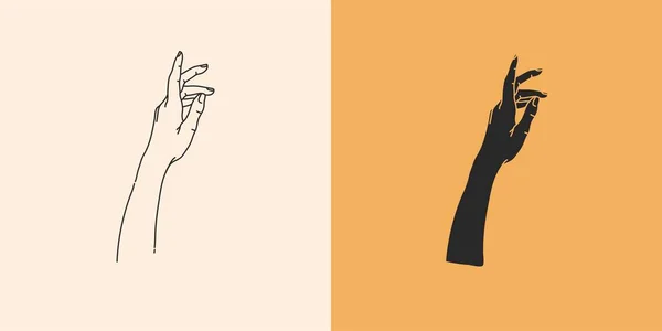 Illustrazione grafica piatta stock astratta vettoriale disegnata a mano con set di raccolta di elementi logo minimale, disegno e silhouette di mani di streghe misteriose occulte, arte magica in stile semplice per il branding. — Vettoriale Stock