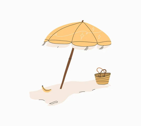 Dibujado a mano vector abstracto stock gráfico verano tiempo de dibujos animados, ilustraciones minimalistas impresión, con hermoso paraguas boho y picnic en la playa tropical aislado sobre fondo blanco. — Vector de stock