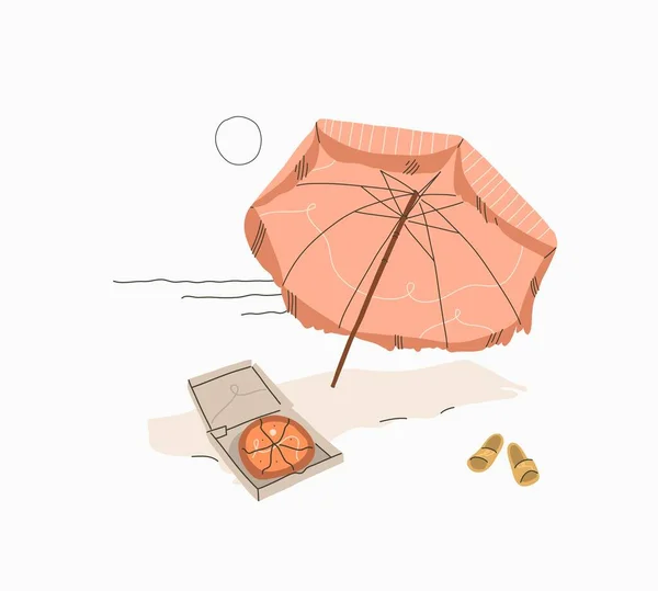El çizimi vektör soyut stok zaman çizimi karikatürü, minimalist çizimler, güzel boho şemsiyeli ve beyaz arka planda ıslanmış tropik plajda piknik.. — Stok Vektör