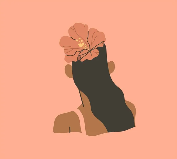 Dibujo dibujado a mano vector abstracto stock gráfico de dibujos animados de verano, ilustraciones de estilo minimalista imprimir con bohemia hermosa chica en la playa con flor en el pelo, aislado en el fondo de color. — Archivo Imágenes Vectoriales
