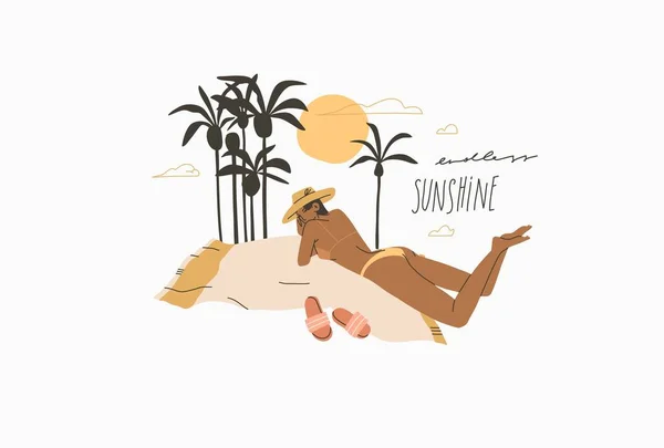 Handgetekende vector abstracte voorraad grafische zomer cartoon, minimalistische stijl illustratie met Boheemse mooie meisje zonnebaden en liggen op het strand, geïsoleerd op witte achtergrond. — Stockvector