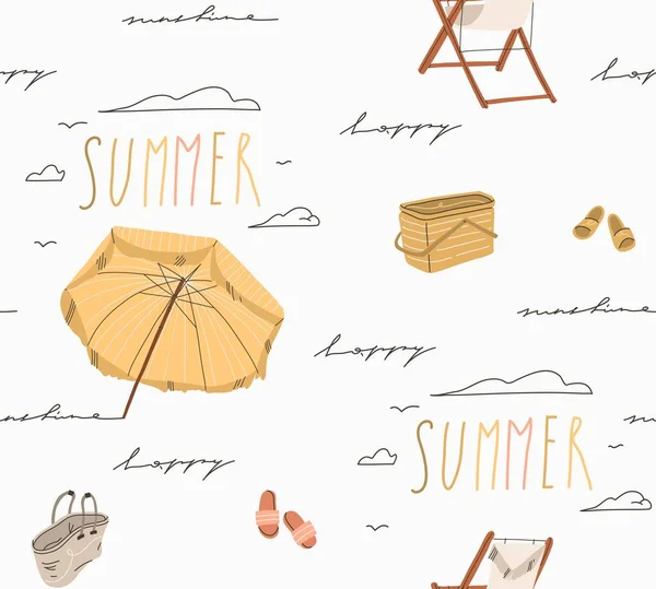 손으로 그린 추상적 인 스톡 그래픽 여름 만화, 보호 해변 우산 과 손으로 쓴 글씨체가 없는 창조적 인 현대적 인 미니멀리즘적 인 그림, 흰 배경에 고립된 그림. — 스톡 벡터