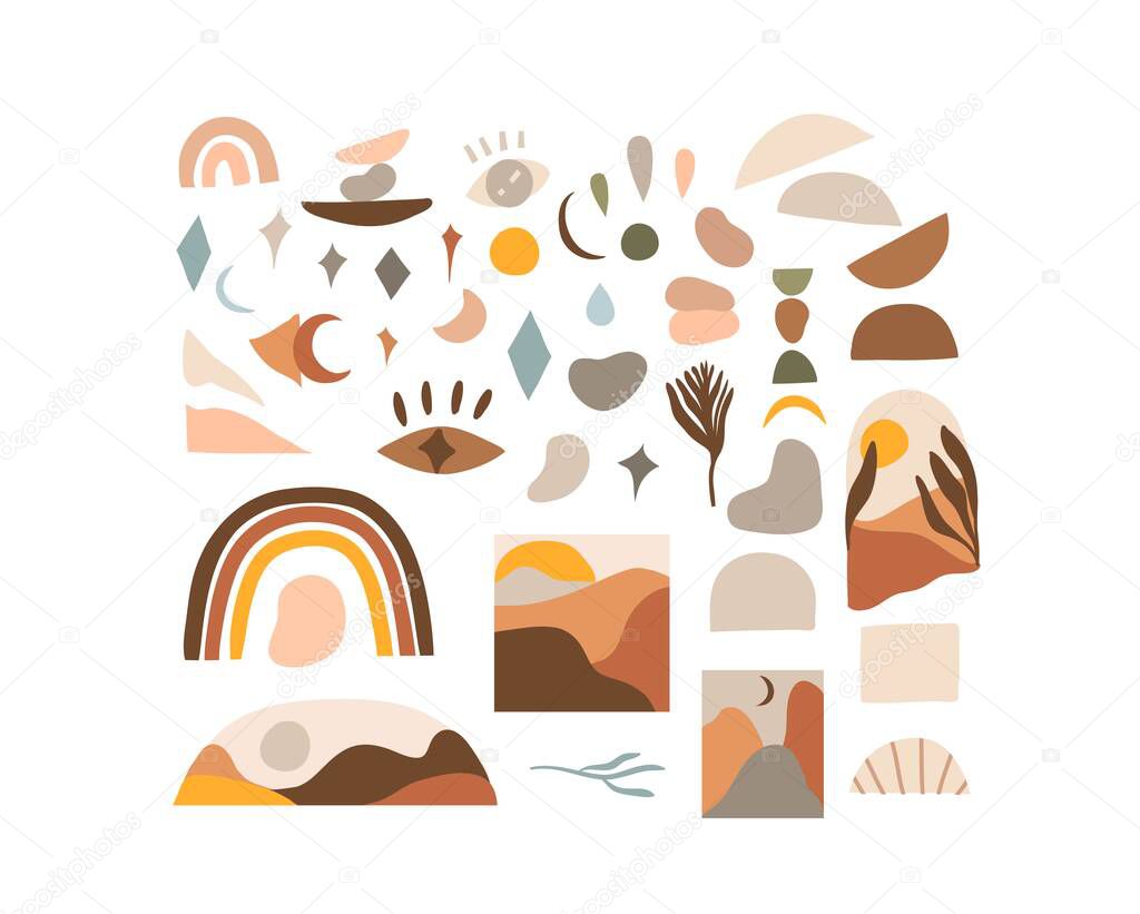 Hand drawn vector abstract stock flat gtraphic,modern clipart contemporary illustration,bohemian terracotta minimalistic shapes collection set in trendy earth tones.