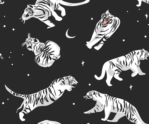 Handritade vektor abstrakt lager moderna grafiska illustrationer, safari bohemiska samtida sömlösa mönster tryck med exotiska vilda vita tigrar djur måne och stjärnor, randig konsistens. — Stock vektor