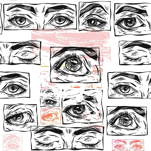 Handgetekende vector abstracte platte voorraad grafisch pictogram illustratie schets, naadloos patroon met manga vrouwelijke ogen, druppels en eenvoudige textuur collage vormen geïsoleerd op roze pastel achtergrond. — Stockvector