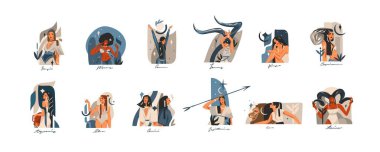 El çizimi vektör stoku soyut grafik çizimleri burç astrolojik çağdaş işaret sembolleri seti, güzellik sihirbazı kadın karakterler, clipart boho tasarımı, feminen astroloji kavramı.