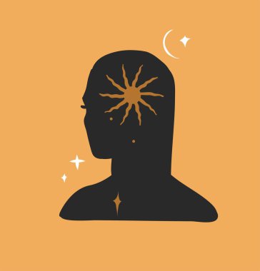 El çizimi vektör soyut düz grafik çizimi logo elementi, bohem astroloji sihirli galaksi uzayı, hilal ay, yıldızlar, güneş ve kadın silueti, markalaşma için basit stil.