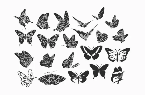 Vecteur dessiné à la main abstrait stock plat illustrations graphiques collection ensemble paquet avec des éléments de logo, bohème ligne magique silhouette art de mystique vol papillon et papillon de nuit, féminin style simple. — Image vectorielle