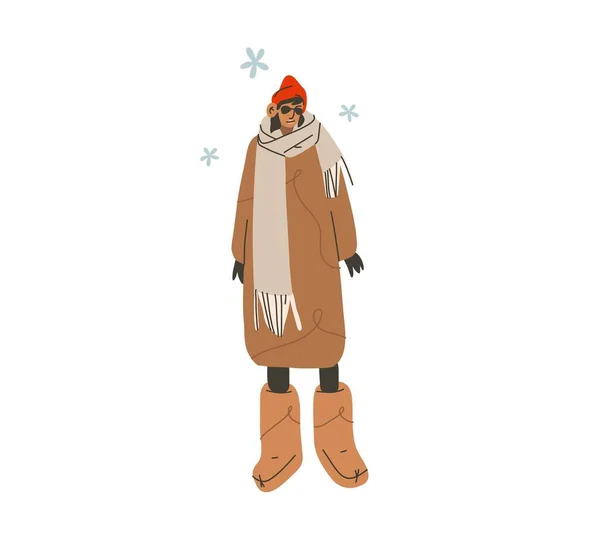 Vecteur dessiné à la main abstrait fond plat graphique moderne Bonne année et Joyeux Noël illustration conception de caractère, de jeune fille heureuse en vêtements d'hiver marchant dehors en manteau et bottes. — Image vectorielle