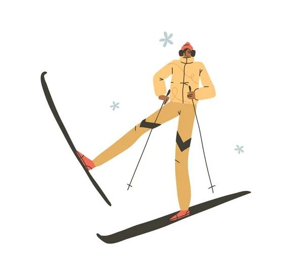 Dessiné à la main vecteur abstrait plat stock graphique moderne Bonne année et Joyeux Noël illustration dessin animé personnage design, de jeune homme heureux en hiver skieur costume de plein air. — Image vectorielle