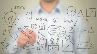 Start Up, konsept illüstrasyon, adam şeffaf ekranda yazma