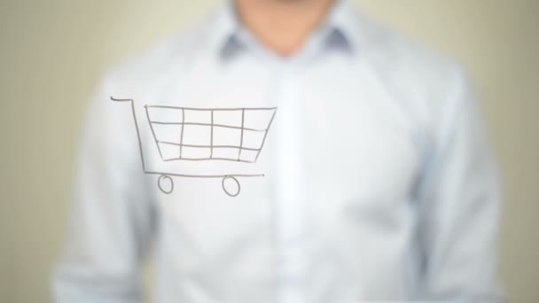 E-Commerce, Homme écrivant sur un écran transparent — Video