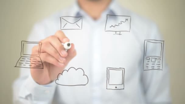 Technologie, Concept, Homme écrivant sur un écran transparent 