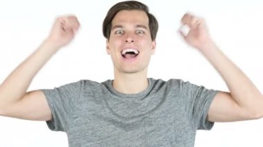 onun başarı beyaz bir b izole kutlama neşeli bir işadamı portresi