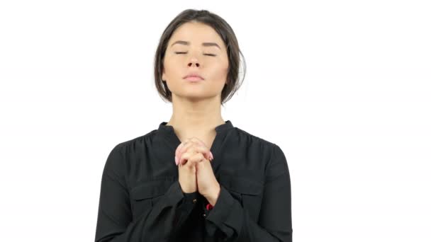 Beautiful young teen girl prays. Close up portrait female Praying — Stock Video