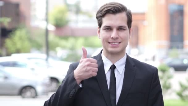 Thumbs Up by Happy Businessman, Outdoor Close Up — Stock Video