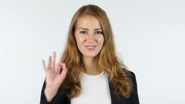 Businesswoman Showing Ok sign, All Is Okay, Portrait, White background — стоковое видео