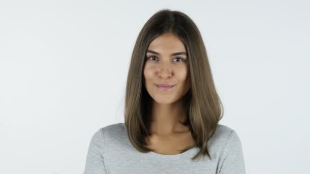 Sign of Okay, Satisfied Beautiful Girl, White Background in Studio — Stock Video