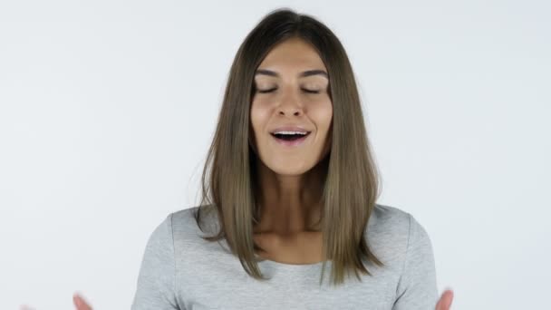 Celebrating Success Winning Girl, White Background in Studio — Stock Video