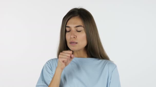 Coughing Sick Beautiful Girl, White Background in Studio — Stock Video