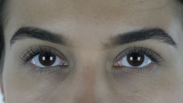 Zblízka ženské krásných očí při pohledu do kamery — Stock video
