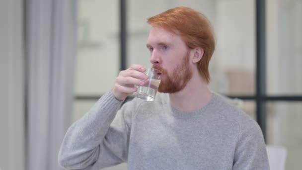 Portret van de jonge roodharige man drinkwater — Stockvideo
