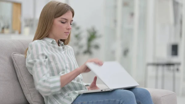 Hardworking Young Woman Closing Laptop and Going Away — Stock Photo, Image