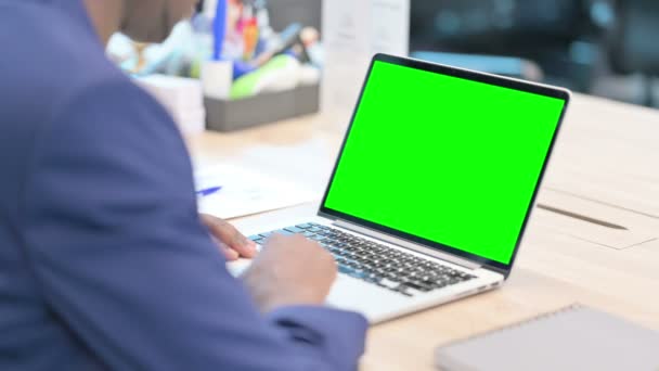 Achteraanzicht van jonge zakenman met behulp van laptop met Chroma Screen — Stockvideo