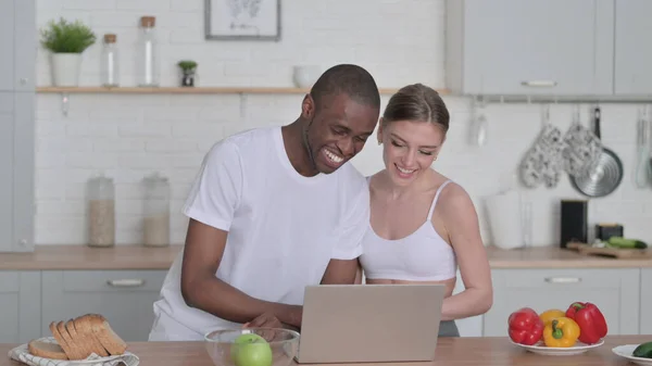 Mixed Race Couple Talking on Video Call in Kitchen — Stock Photo, Image