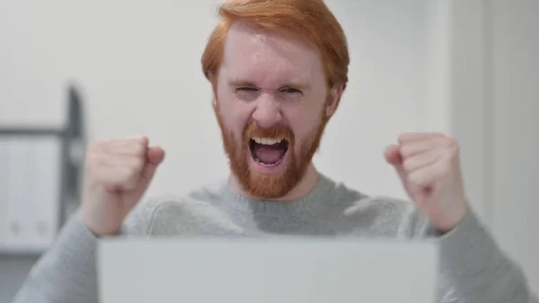 Beard Redhead Man Celebrating while using Laptop — Stock Photo, Image