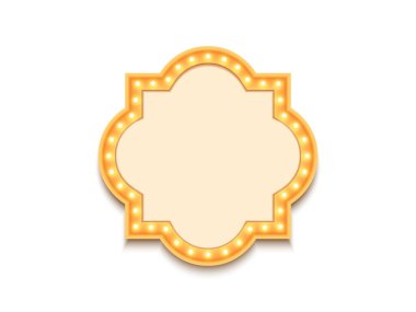 Antika şekilli, eski model, parlayan ampullü 3D lamba kutusu. Sarı renkli retro çerçeve tasarım vektörü çizimi.