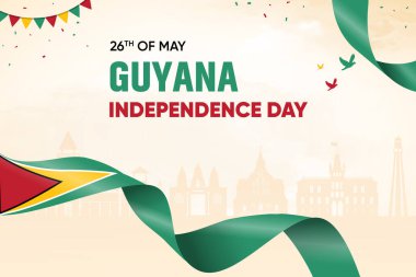 Skyline Arkaplanda Guyana Bayrağı Dalgalanıyor. Bağımsızlık Günü Tasarım Vektörü İllüstrasyonu.