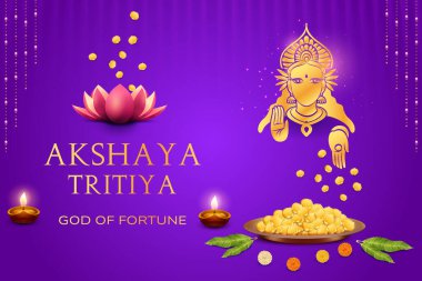 Tanrıça Lakshmi 'nin Mor Arkaplanda Altın Paralarla Dolu Şans Tabağı. Akshaya Tritiya Festivali Kutlama Vektörü İllüstrasyonu E-ticaret, Bayram Satışı Etkisi.