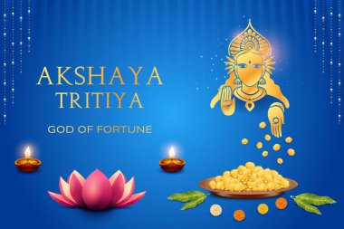 Tanrıça Lakshmi Lütuf Talih Tabağı Mavi Arkaplanda Altın Paralarla Dolu. Akshaya Tritiya Festivali Kutlama Vektörü İllüstrasyonu E-ticaret, Bayram Satışı Etkisi.