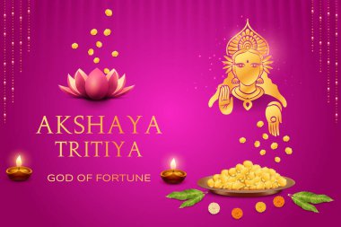 Tanrıça Lakshmi, Pembe Arkaplanda Altın Paralarla Dolu Şans Tabağı. Akshaya Tritiya Festivali Kutlama Vektörü İllüstrasyonu E-ticaret, Bayram Satışı Etkisi.