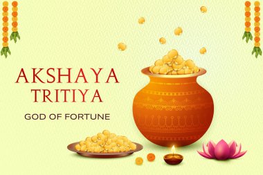 Akshaya Tritiya Festivali Sancak Kutlaması ve Pastel Green Arkaplanda Altın Altın Paralarla Dolu Tabak. E-ticaret için Vektör İllüzyonu, Eğlence Satışı Etkisi.