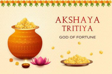 Akshaya Tritiya Festivali Sancak Kutlaması ve Pastel Bej Arkaplanda Altın Altın Paralarla Dolu Tabak. E-ticaret için Vektör İllüzyonu, Eğlence Satışı Etkisi.