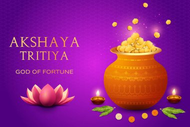 Akshaya Tritiya Festivali Sancak Kutlaması Mor Arkaplanda Altın Altın Paralarla Dolu. Vector Illustartion için Hint Festivali Büyük Mücevher Satışı E-ticaret, Festive Satış Etc.