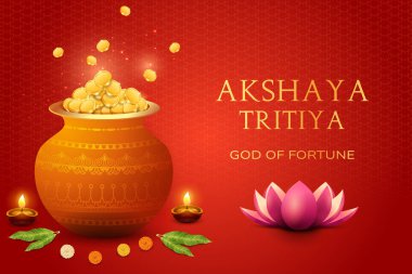 Akshaya Tritiya Festivali Sancak Kutlaması Kırmızı Arkaplanda Altın Altın Paralarla Dolu. Vector Illustartion için Hint Festivali Büyük Mücevher Satışı E-ticaret, Festive Satış Etc.