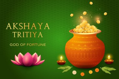 Akshaya Tritiya Festivali Sancak Kutlaması Yeşil Arkaplanda Altın Altın Paralarla Dolu. Vector Illustartion için Hint Festivali Büyük Mücevher Satışı E-ticaret, Festive Satış Etc.