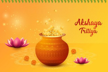 Akshaya Tritiya Festivali Sancak Kutlaması Sarı Arkaplanda Altın Altın Paralarla Dolu. Vector Illustartion için Hint Festivali Büyük Mücevher Satışı E-ticaret, Festive Satış Etc.