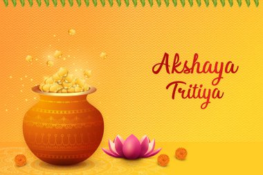 Akshaya Tritiya Festivali Sancak Kutlaması Sarı Arkaplanda Altın Altın Paralarla Dolu. Vector Illustartion için Hint Festivali Büyük Mücevher Satışı E-ticaret, Festive Satış Etc.