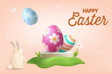 Tatlı Tavşan ve Pembe Arkaplanda Renkli Yumurtalarla Mutlu Paskalya Kutlamaları. Bahar Satış Konsepti E-ticaret Satışı, Selamlar, Poster, Bayrak.