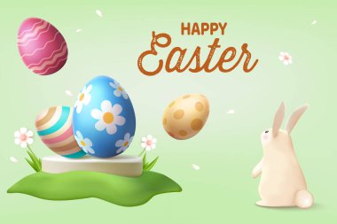 Tatlı Tavşan ve yeşil arka planda renkli yumurtalarla mutlu Paskalya kutlamaları. Bahar Satış Konsepti E-ticaret Satışı, Selamlar, Poster, Bayrak.